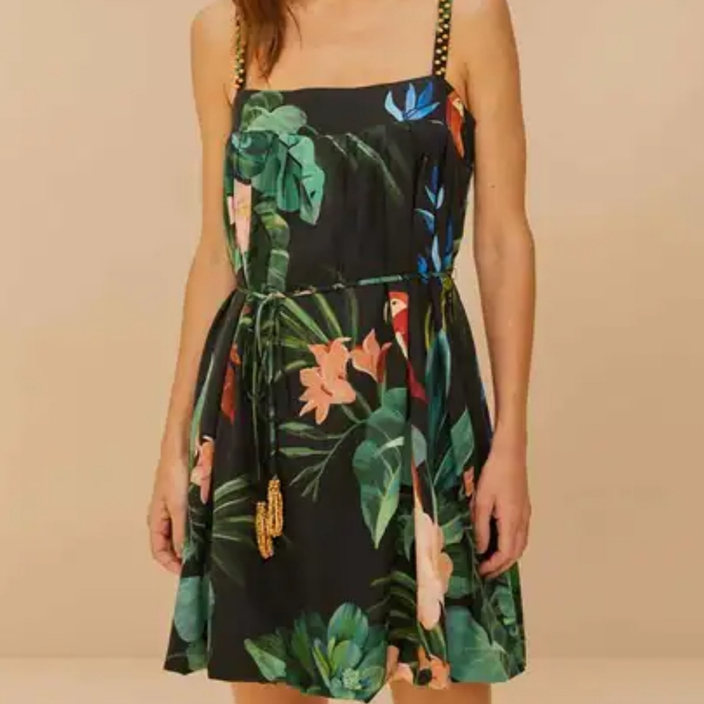 FARM Rio for Anthropologie Midnight Macaw Fiesta Black Motif Mini Dress Size XL